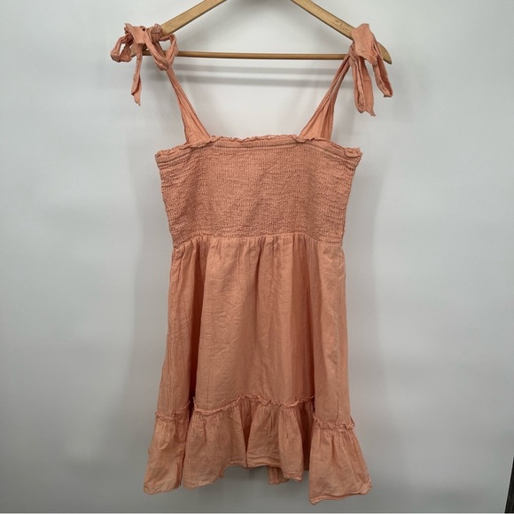 Aerie Size M Peach Mini Sundress Smocked Tie Shoulders Ruffle Western Prairie - Picture 2 of 12